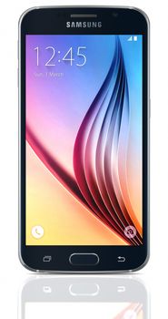 Galati, Romania - April 28, 2015: Black Sapphire Samsung Galaxy S6 on white background. The telephone is supported with 5.1" touch screen display and 1440 x 2560 pixels resolution.  The Samsung Galaxy S6 was launched at a press event in Barcelona on March 1 2015.