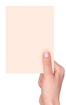 Women's fingers holding a blank business card isolated on white background 