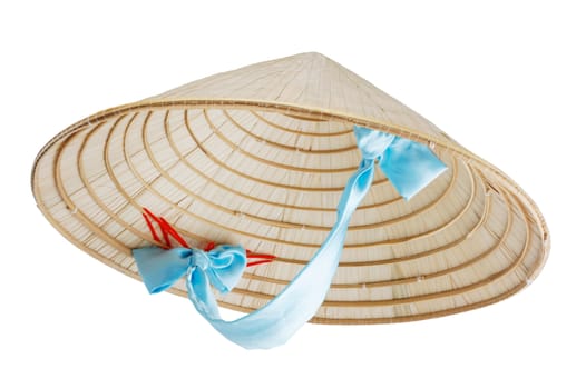 Vietnamese conical hat with blue ribbon isolated on white, studio shot