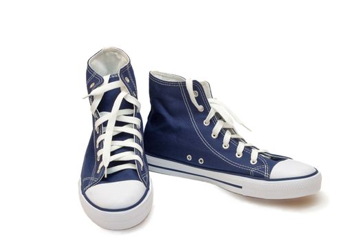 Convenient for sports mens sneakers in dark blue thick fabric. Presented on a white background.