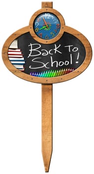 Oval wooden sign with blackboard with a colorful clock, text Back to School, books and colored pencils. hanging on a wooden pole and isolated on a white background