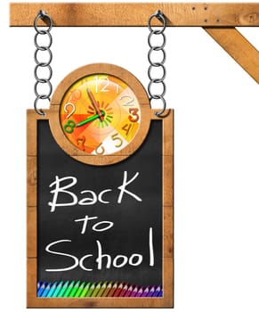 Blackboard with a colorful clock, text Back to School and colored pencils. Hanging from a chain on a wooden pole and isolated on white background