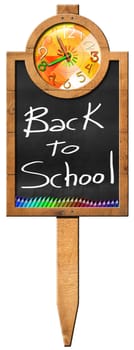 Rectangular wooden sign with blackboard with a colorful clock, text Back to School and colored pencils. Hanging on a wooden pole and isolated on a white background