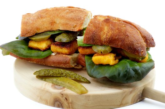 Homemade Fish Burgers with White Fish Sticks, Lettuce, Gherkins and Whole Wheat Bread on Circle Wooden Cutting Board isolated on white background