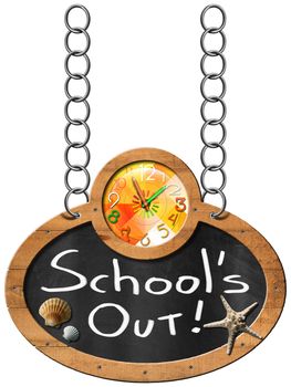 Oval blackboard with a colorful clock and text, School's Out, seashells and starfish. Hanging from a chain and isolated on white background