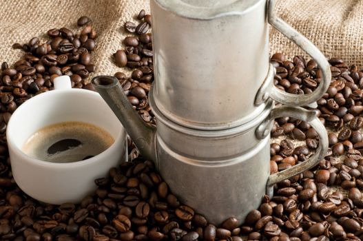 cup of coffee made with old Neapolitan coffee and served on canvas jute