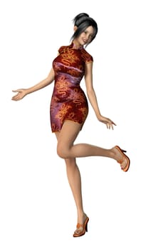 3D digital render of a beautiful Asian young woman wearing a traditional red dress isolated on white background