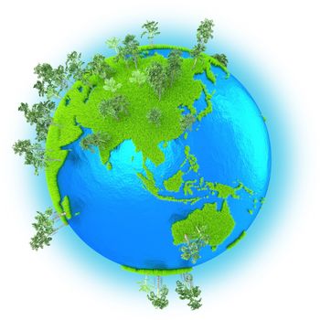 Southeast Asia and Australia on grassy planet Earth with trees isolated on white background