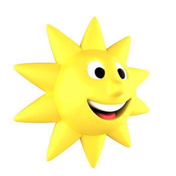 Yellow sun smiling turned sideways, isolated on white background