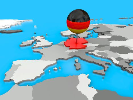 Red Germany pinned to the map of Europe with a big push pin coloured as the German flag