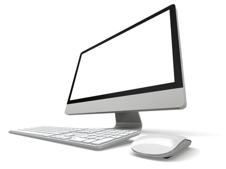 Modern desktop computer with white blank screen isolated on white background