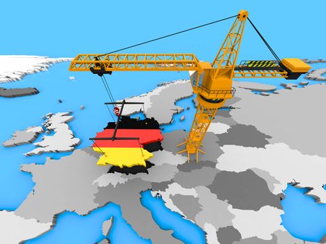 Flag of Germany in the shape of the country hanging on a crane over Europe