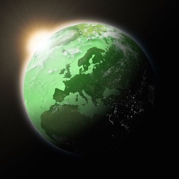 Sun over Europe on blue planet Earth isolated on black background. Highly detailed planet surface. Elements of this image furnished by NASA.