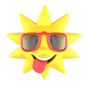 Yellow sun with sunglasses on smiling, tongue sticking out, isolated on white background