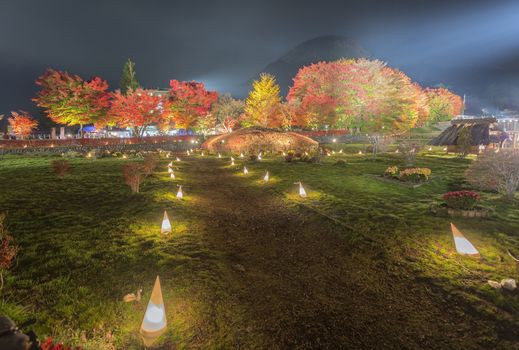 This photo was shot from the area around Mt.Fuji. The Momiji or Maple will light up at night. This is called maple corridor or maple tennel at Nashigawa river, Japan.