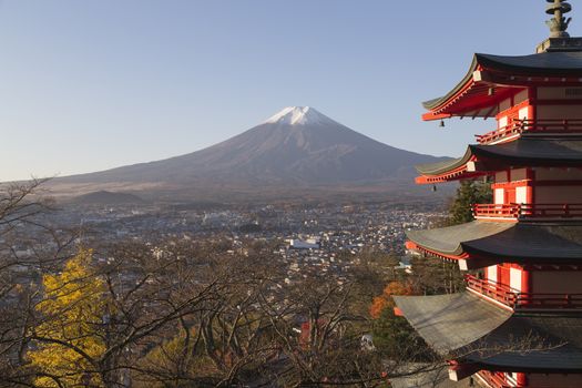 This photo was shot from the area around Mt.Fuji in Autumn. It is time to start snow cap on the top of Mt.Fuji. Chureito pagoda in one of the most famous to visit.