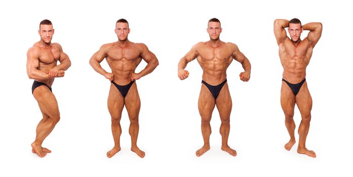 Sexy shirtless muscular bodybuilder in different bodybuilding poses isolated on white background. Sports, body building, strengths and fitness.