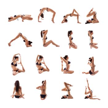 Beautiful and sexy brunette in various stretching and relaxing poses isolated on white background. Yoga and stretching. 