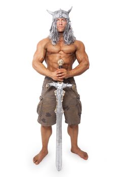 Handsome sexy muscular medieval strong warrior with sword isolated on white background.