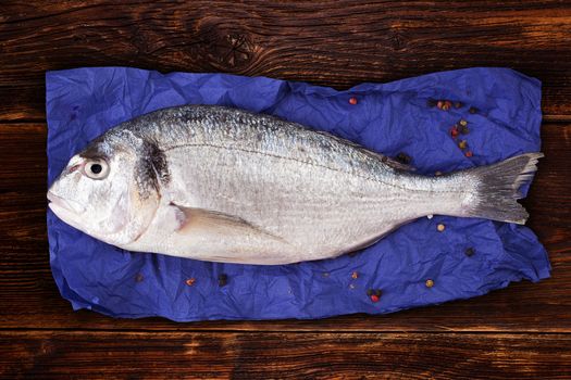 Delicious fresh sea bream fish on blue napkin with colorful peppercorns on brown vintage wooden background. Culinary healthy cooking.