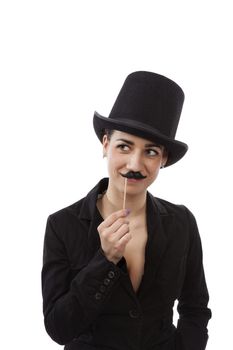 Beautiful young girl with black hat and black dress with mustache. Female discrimination in workplace, gender gap, employment equality and feminism.