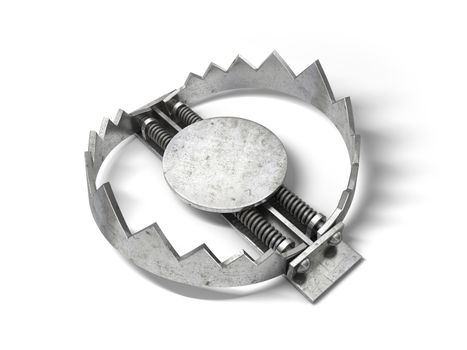 Sharp metal bear trap. 3D illustration.