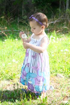 Beautiful brunette toddler girl playing outside in the field