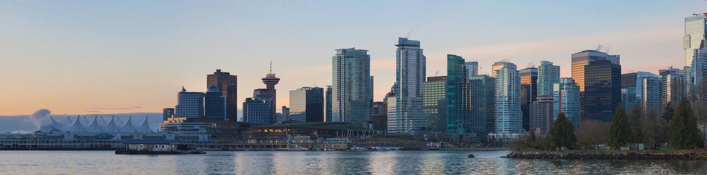 Vancouver British Columbia Canada City Skyline View from Stanley Park along False Creek at Sunrise Panorama