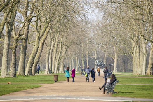 LONDON, UK - MARCH 18: Park visitors walking on park path in sunny day. The road is lined with trees, without leaves. March 18, 2015 in London. 