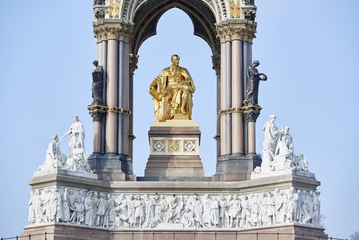 Detail of Albert Memorial, in Kensington Gardens, in London. The monument was commissioned by Queen Victoria in memory of her husband, who died in 1861.
