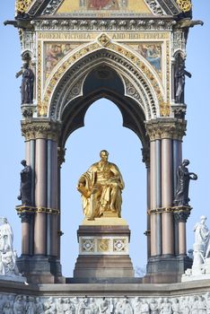 Detail of Albert Memorial, in Kensington Gardens, in London. The monument was commissioned by Queen Victoria in memory of her husband, who died in 1861.