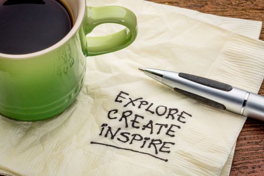 explore, create, inspire - motivational words handwritten on a napkin with a cup of espresso coffee