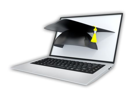 Online learning concept. Graduate cap pops out of a laptop screen.