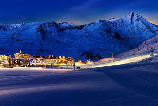 Evening landscape and ski resort in French Alps,Tignes, Tarentaise, France 