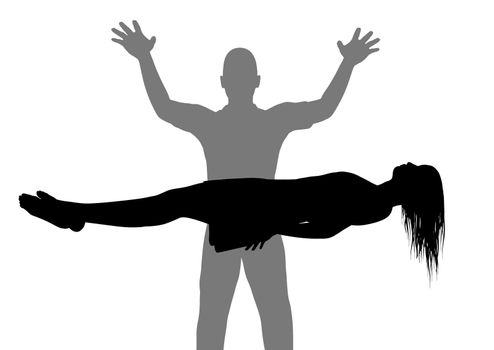 Illustration of a man and woman performing levitation