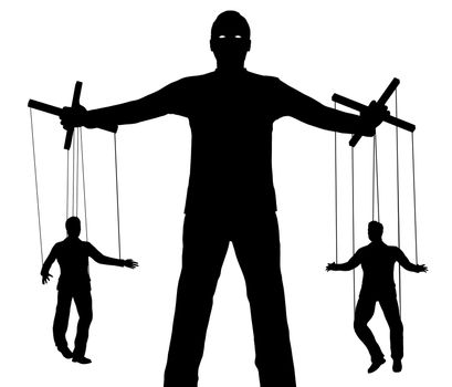Illustration of a person controlling two puppets