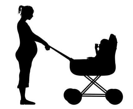 Illustration of a mother pushing her child in a pram