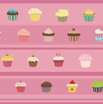 Illustration of many Cupcakes on a pink stried background