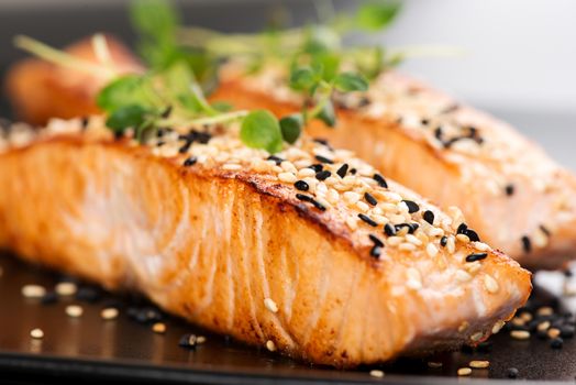 Grilled salmon, sesame seeds  and marjoram on a black plate. Studio shot