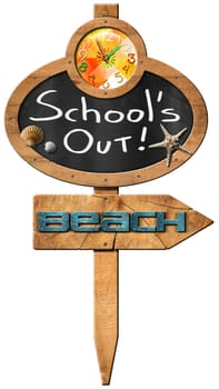 Oval blackboard with a clock and text, School's Out, seashells and starfish, wooden directional sign with text beach. isolated on white background