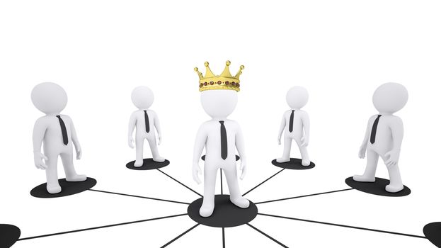 Set of white puppet people, center puppet in crown on isolated white background