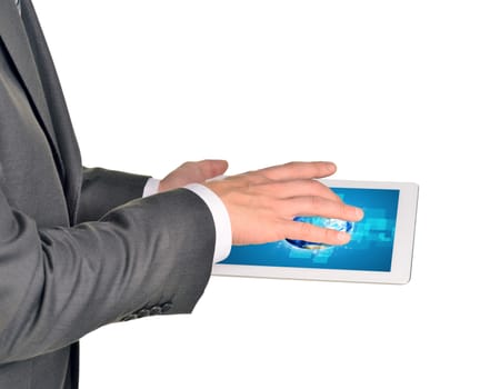 Businessman holding tablet on isolated white background