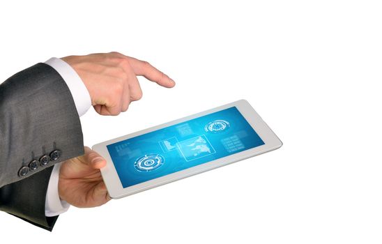 Businessmans hands holding tablet on isolated white background