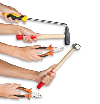 Peoples hands holding different tools on isolated white background