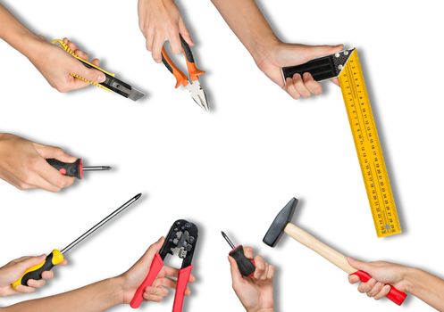 Set of peoples hands holding different tools on isolated white background