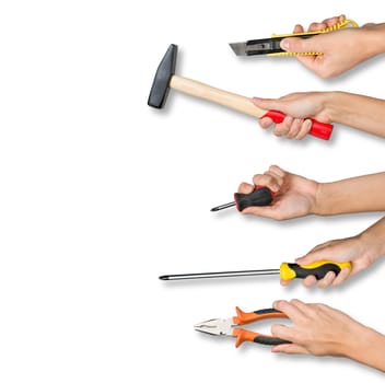 Set of peoples hands holding different tools from right side on isolated white background
