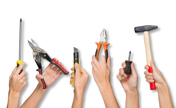 Set of peoples hands holding different tools on isolated white background