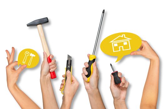 Set of peoples hands holding different tools and computer icons on isolated white background