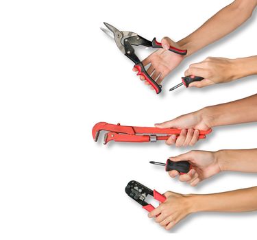 Set of peoples hands holding different tools from right side on isolated white background