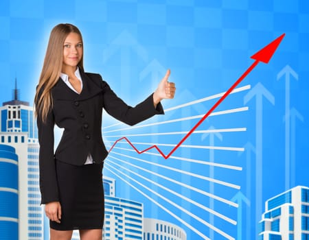Businesswoman with thumb up and graphical chart on abstract blue background